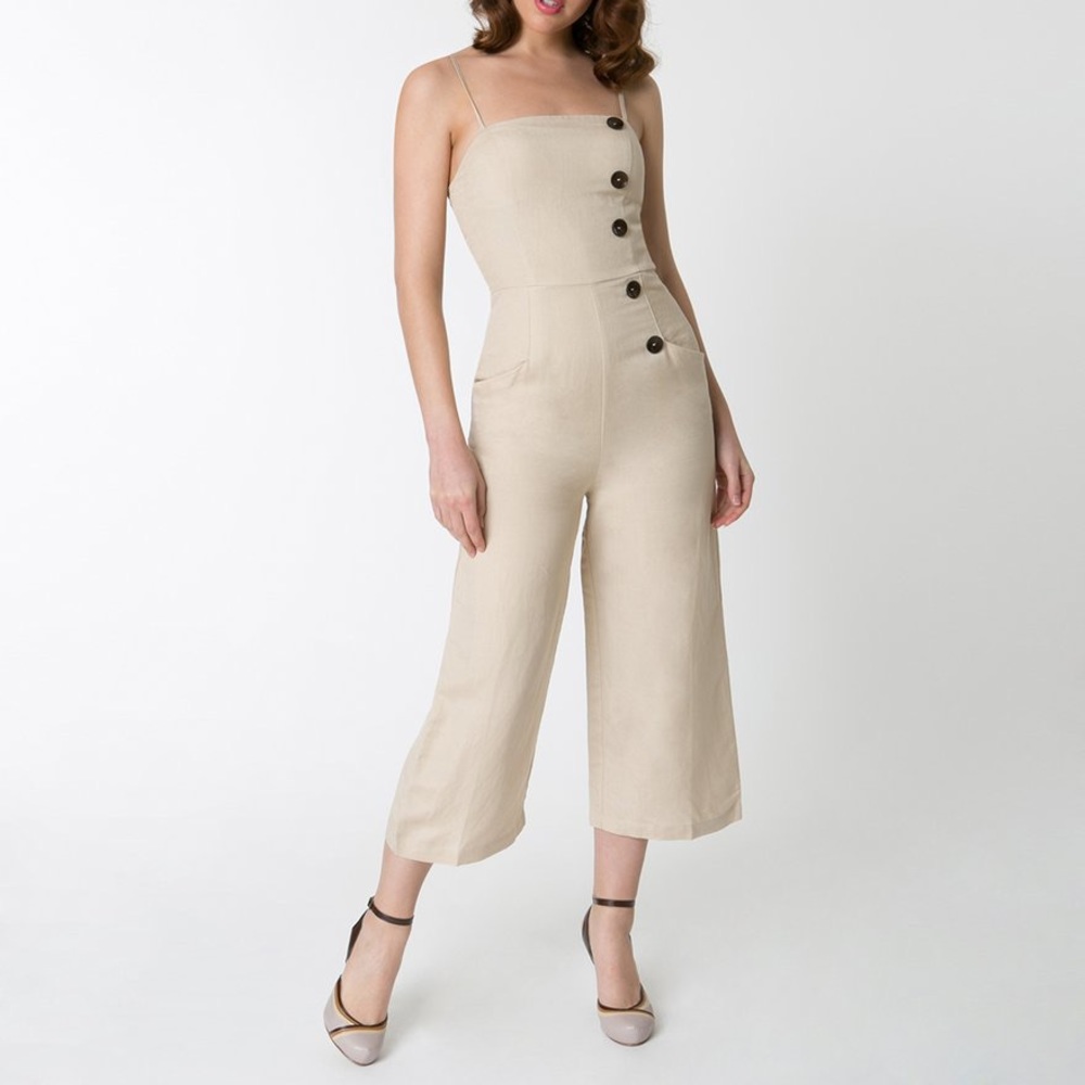 Unique Vintage Retro Style Nude Linen Jumpsuit